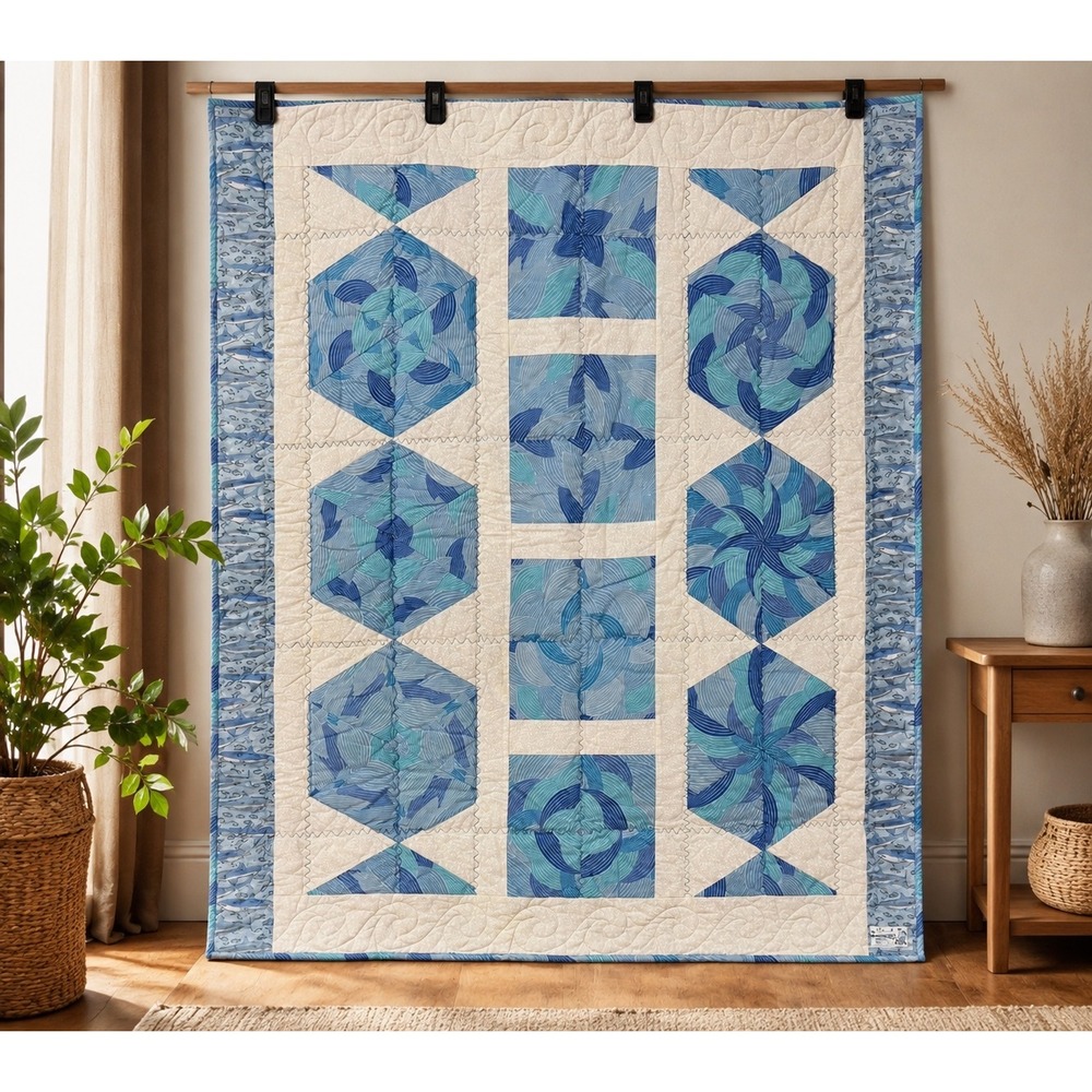 Handmade Blue 45x40 Shark Patchwork Quilt Wall Hanging Coastal Decor